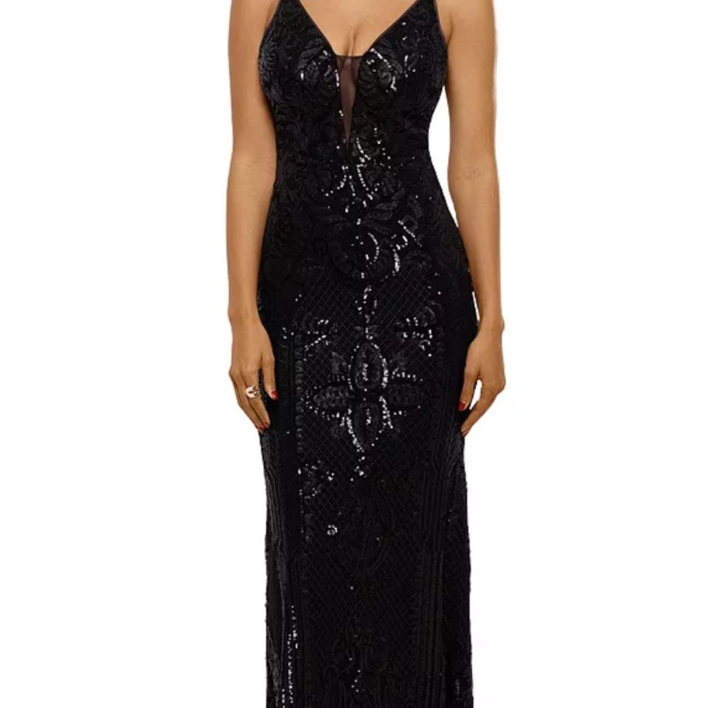 AQUA Sequined Long Gown  - Black Size 6